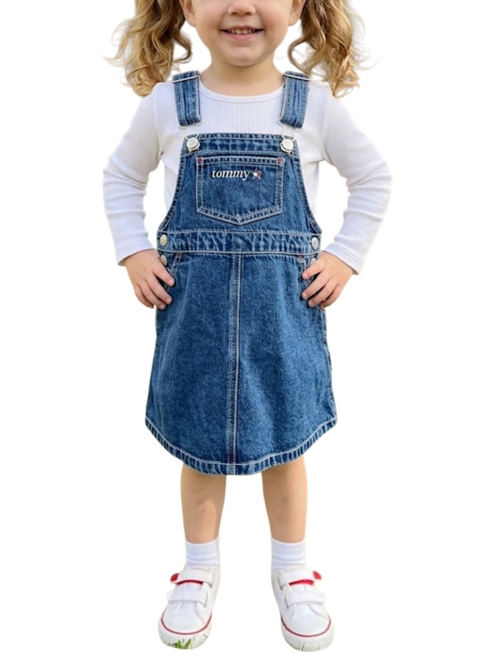 90s Y2K Tommy Hilfiger embroidered denim jean overall dress toddler girls 3T